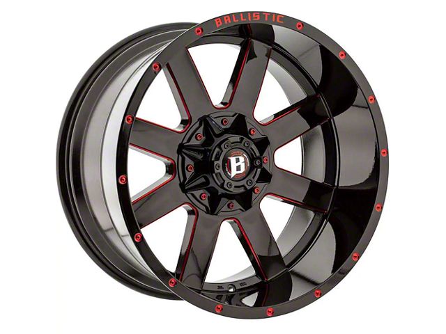 Ballistic Rage Gloss Black with Red Milled Windows 8-Lug Wheel; 24x12; -50mm Offset (03-09 RAM 2500)