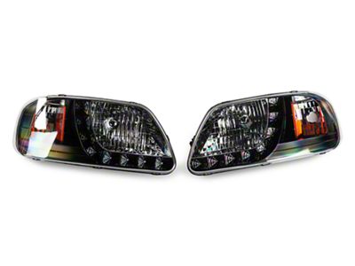 Euro Headlights with LED DRL; Matte Black Housing; Clear Lens (97-03 F-150)