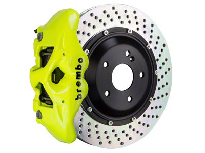 Brembo GT Series 4-Piston Rear Big Brake Kit with 15-Inch 2-Piece Cross Drilled Rotors; Fluorescent Yellow Calipers (15-17 F-150, Excluding Raptor)