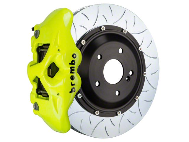 Brembo GT Series 4-Piston Rear Big Brake Kit with 15-Inch 2-Piece Type 3 Slotted Rotors; Fluorescent Yellow Calipers (15-17 F-150, Excluding Raptor)