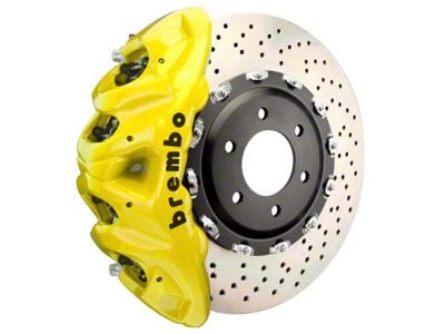 Brembo GT Series 8-Piston Front Big Brake Kit with 16.20-Inch 2-Piece Cross Drilled Rotors; Fluorescent Yellow Calipers (21-24 F-150 Raptor)