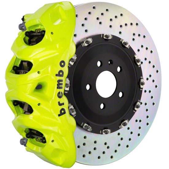 Brembo GT Series 8-Piston Front Big Brake Kit with 16.20-Inch 2-Piece Cross Drilled Rotors; Fluorescent Yellow Calipers (21-24 F-150, Excluding…