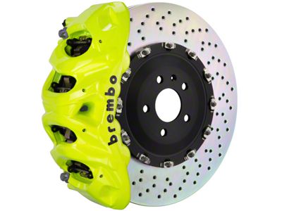 Brembo GT Series 8-Piston Front Big Brake Kit with 16.20-Inch 2-Piece Cross Drilled Rotors; Fluorescent Yellow Calipers (21-24 F-150, Excluding Raptor)