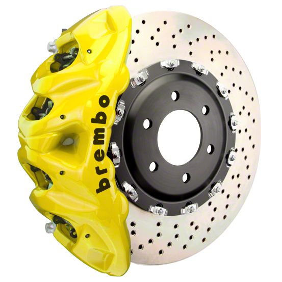 Brembo GT Series 8-Piston Front Big Brake Kit with 16.20-Inch 2-Piece Cross Drilled Rotors; Yellow Calipers (21-24 F-150, Excluding Raptor)