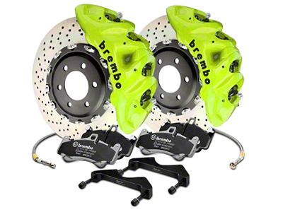 Brembo GT Series 8-Piston Front Big Brake Kit with 16.20-Inch Cross Drilled Rotors; Fluorescent Yellow Calipers (17-20 F-150 Raptor)