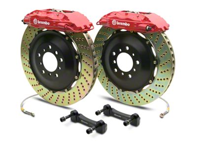 Brembo GT Series 4-Piston Rear Big Brake Kit with 2-Piece Cross Drilled Rotors; Red Calipers (14-18 Silverado 1500)