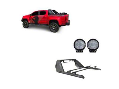 Vigor Roll Bar with Cross Bar and 9-Inch Black Round Flood LED Lights; Black (15-24 Canyon)