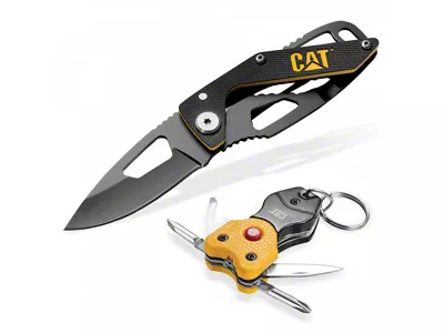 CAT Keychain Light and 5-1/4-Inch Folding Skeleton Knife Set; 2-Piece (Universal; Some Adaptation May Be Required)