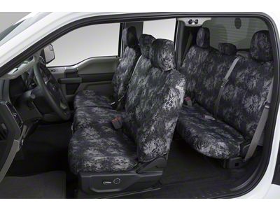 Covercraft Seat Saver Prym1 Custom Front Row Seat Covers; Blackout Camo (10-14 RAM 3500 w/ Bench Seat, Fold-Down Center Console, Lid w/o Cupholders & Seat Airbags)