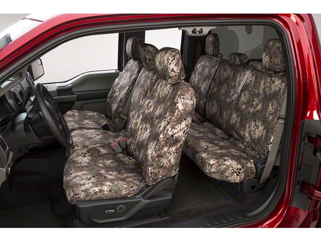 Covercraft Seat Saver Prym1 Custom Front Row Seat Covers; Multi-Purpose Camo (17-19 Sierra 2500 HD w/ Bench Seat & Fold-Down Center Console w/ a Lid/Cupholder & Center Seat Bottom Storage)