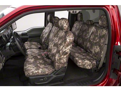 Covercraft Seat Saver Prym1 Custom Front Row Seat Covers; Multi-Purpose Camo (10-14 Sierra 3500 HD w/ Bench Seat & Folding Center Console w/ a Lid/Cupholder, Center Seat Storage & Seat Airbags)