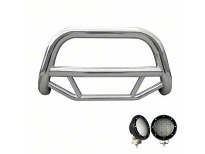 Max Bull Bar with 5.30-Inch Black Round Flood LED Lights; Stainless Steel (97-04 Dakota)