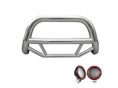 Max Bull Bar with 5.30-Inch Red Round Flood LED Lights; Stainless Steel (97-04 Dakota)
