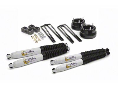 Daystar Suspension Lift Kit; Suspension Combo Kit; Black; 2-Inch Front Lift; Includes Front Coil Spring Spacers, Rear Blocks, U-Bolts, Frontt and Rear Scorpion Shocks; For Top-Mount Overload Springs (03-13 4WD RAM 3500)