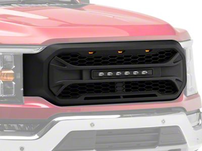 American Modified Armor Upper Replacement Grille with LED Off-Road Lights; Black (21-23 F-150 without Front Camera, Excluding Raptor & Tremor)