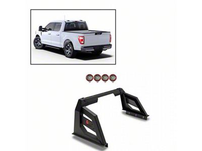 Armour Roll Bar with 5.30-Inch Red Round Flood LED Lights; Black (00-24 F-150 Styleside)