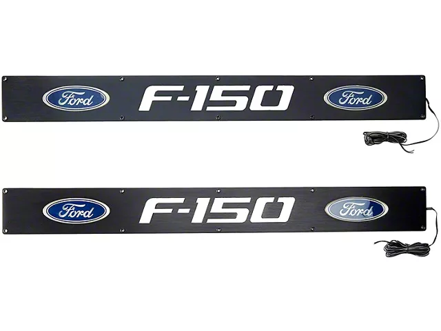 Billet Front Door Sill Plates with Ford F-150 Logo; Black Finish with Blue Illumination (09-14 F-150)