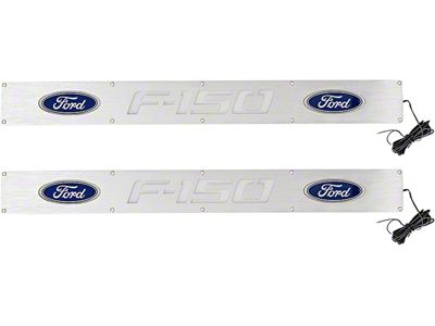 Billet Front Door Sill Plates with Ford F-150 Logo; Brushed Finish with Blue Illumination (09-14 F-150)