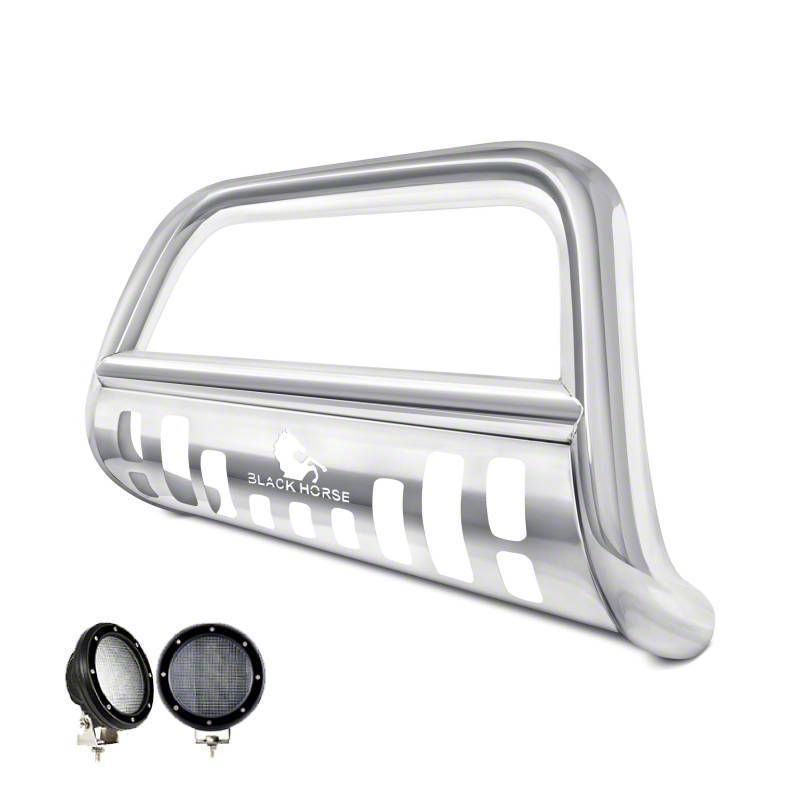Bull Bar with 5.30-Inch Black Round Flood LED Lights; Stainless Steel (04-24 F-150, Excluding Powerstroke & Raptor)