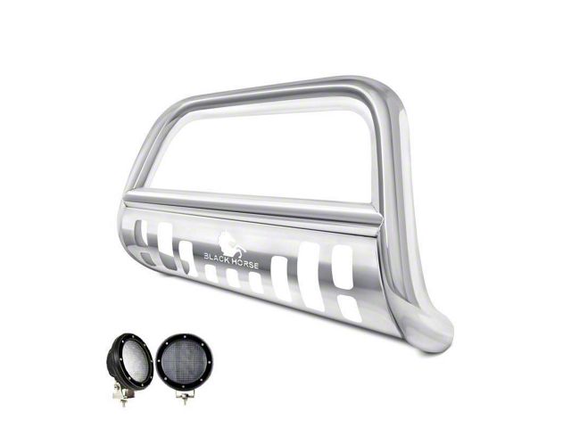 Bull Bar with 5.30-Inch Black Round Flood LED Lights; Stainless Steel (04-24 F-150, Excluding Powerstroke & Raptor)