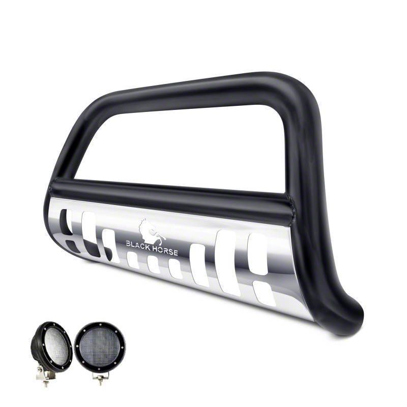 Bull Bar with Stainless Steel Skid Plate and 5.30-Inch Black Round Flood LED Lights; Black (04-24 F-150, Excluding Powerstroke & Raptor)