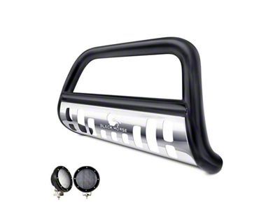 Bull Bar with Stainless Steel Skid Plate and 5.30-Inch Black Round Flood LED Lights; Black (04-24 F-150, Excluding Powerstroke & Raptor)