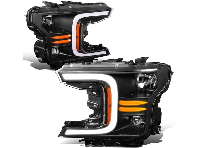 C-Bar LED DRL Headlights with Amber Corners and Sequential Turn Signals; Black Housing; Clear Lens (18-20 F-150 w/ Factory Halogen Headlights)