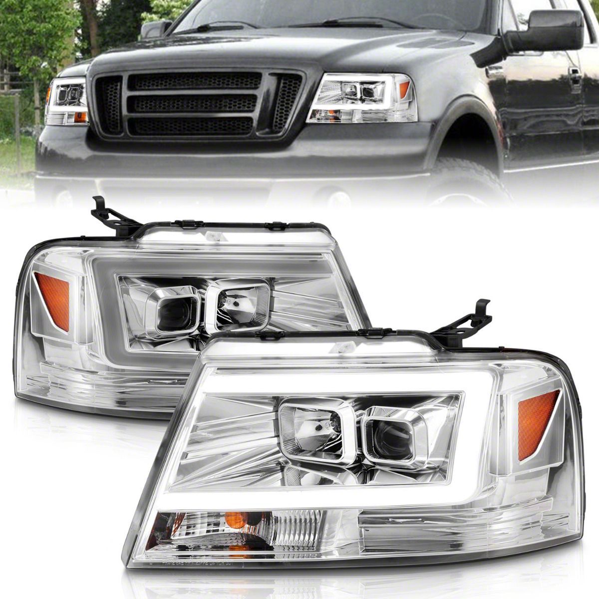 C-Light Bar Projector Headlights; Chrome Housing; Clear Lens (04-08 F-150)