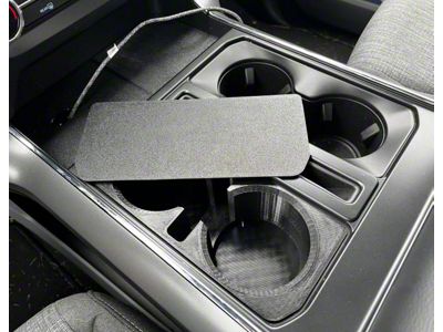 Haven 3D Center Console Cup and Phone Holder Adapter with Lid/Cover; Black (21-25 F-150 w/ Column Shifter & Flow-Through Center Console)
