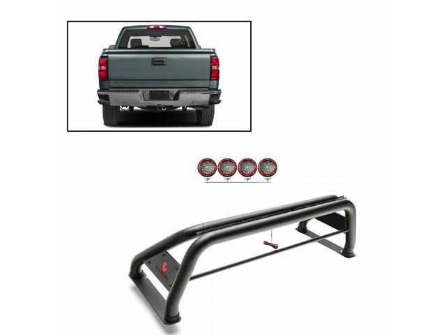 Classic Roll Bar with 5.30-Inch Red Round Flood LED Lights; Black (00-24 F-150 Styleside)