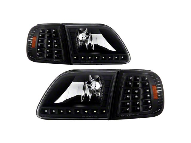 Crystal Headlights with Clear LED Corners; Black Housing; Clear Lens (97-03 F-150)