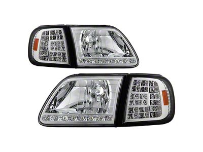 Crystal Headlights with Clear LED Corners; Chrome Housing; Clear Lens (97-03 F-150)