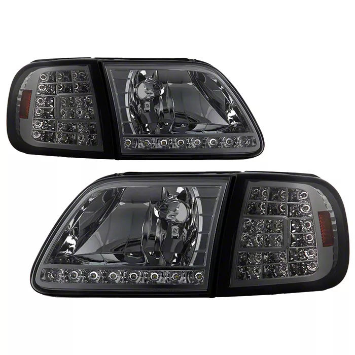 Crystal Headlights with Clear LED Corners; Chrome Housing; Smoked Lens (97-03 F-150)