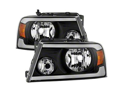 Crystal Headlights with Sequential Turn Signal LED Strip; Black Housing; Clear Lens (04-08 F-150)
