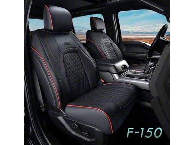Faux Leather Custom Front and Rear Seat Covers; Black with Red Piping (15-25 F-150 SuperCrew w/ Front Bucket Seats)