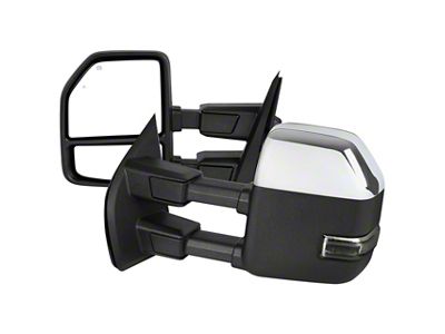 Powered Heated Manual Fold Towing Mirrors with Smoked LED Turn Signals, Puddle Light and Auxiliary Light; Chrome (21-26 F-150)