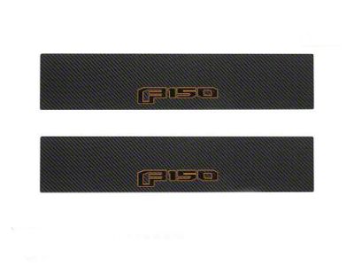Front Door Sill Protection with F-150 Logo; Raw Carbon Fiber; Black and Orange (15-20 F-150)