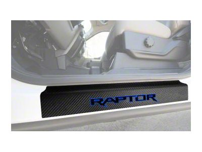 Front Door Sill Protection with Raptor Logo; Raw Carbon Fiber; Black and Blue (15-20 F-150)