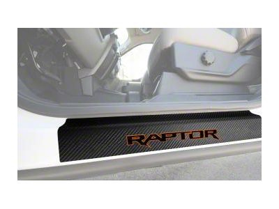 Front Door Sill Protection with Raptor Logo; Raw Carbon Fiber; Black and Orange (15-20 F-150)