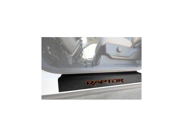 Front Door Sill Protection with Raptor Logo; Raw Carbon Fiber; Black and Orange (15-20 F-150)
