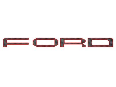 Front Grille Letter Overlays; Domed Carbon Fiber with Red Outline (24-25 F-150 Raptor)