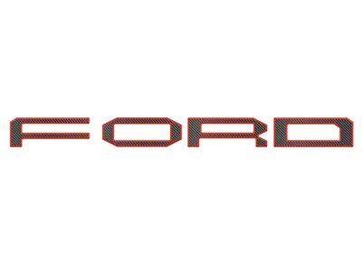 Front Grille Letter Overlays; Domed Carbon Fiber with Code Orange Outline (21-23 F-150 Raptor)