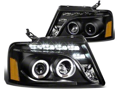 LED DRL Halo Projector Headlights; Black Housing; Clear Lens (04-08 F-150)