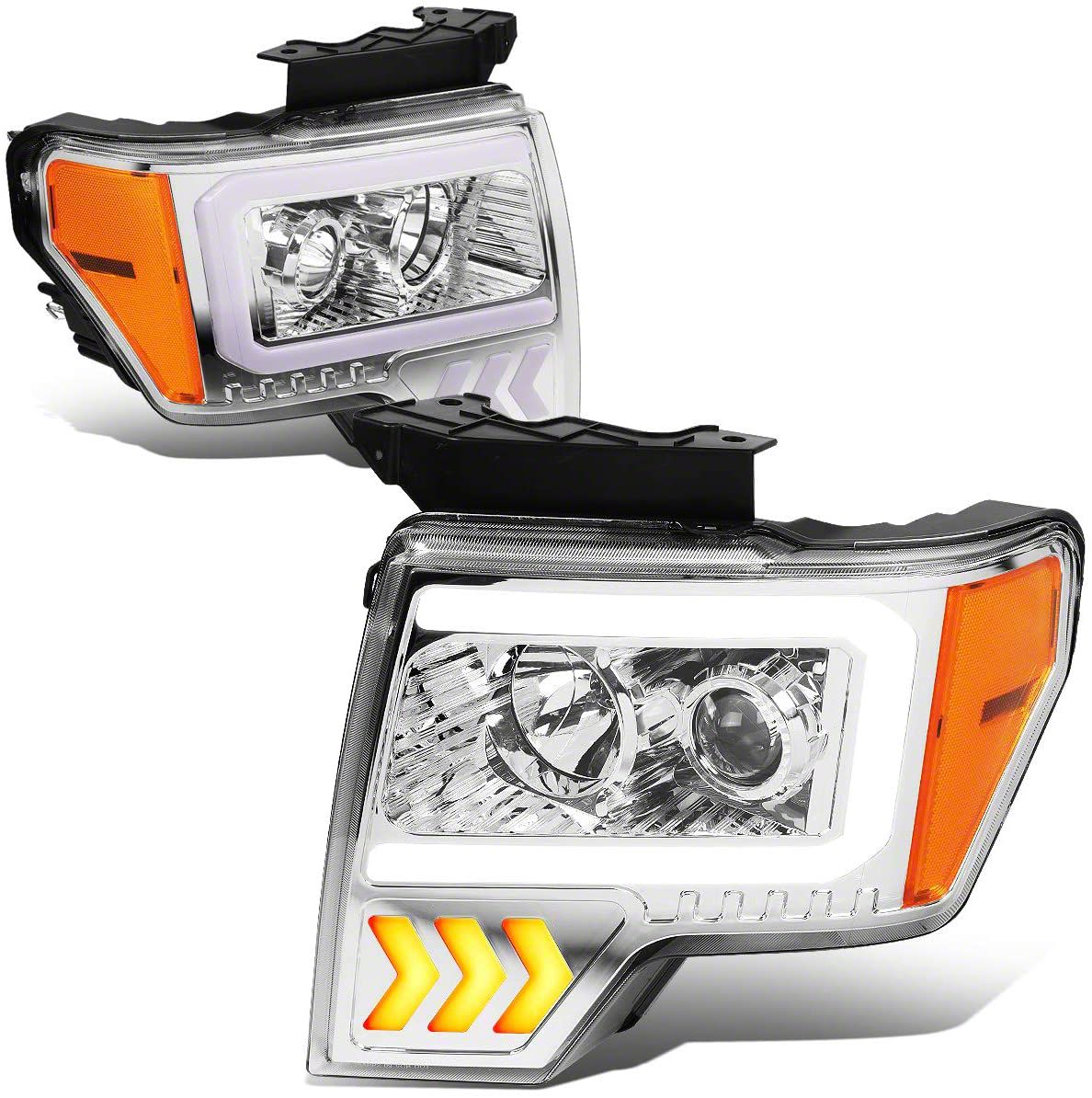 LED DRL Projector Headlights with Amber Corner Lights; Chrome Housing; Smoked Lens (09-14 F-150 w/ Factory Halogen Headlights)