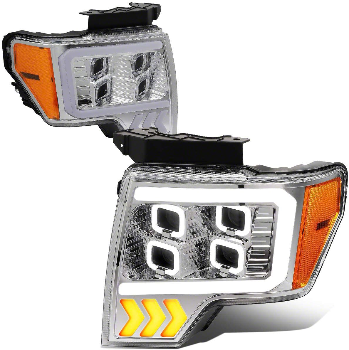 LED DRL Quad Projector Headlights with Amber Corner Lights; Chrome Housing; Smoked Lens (09-14 F-150 w/ Factory Halogen Headlights)