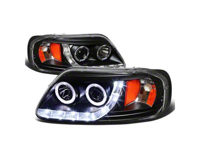 LED DRL Halo Projector Headlights; Black Housing; Clear Lens (97-03 F-150)