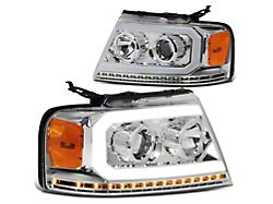 LED DRL Projector Headlights with Sequential Turn Signals and Amber Corners; Chrome Housing; Clear Lens (04-08 F-150)