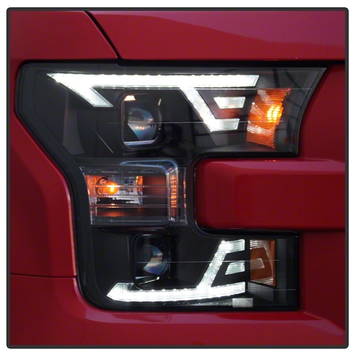 Light Bar DRL Projector Headlights; Black Housing; Clear Lens (15-17 F-150 w/ Factory Halogen Headlights)