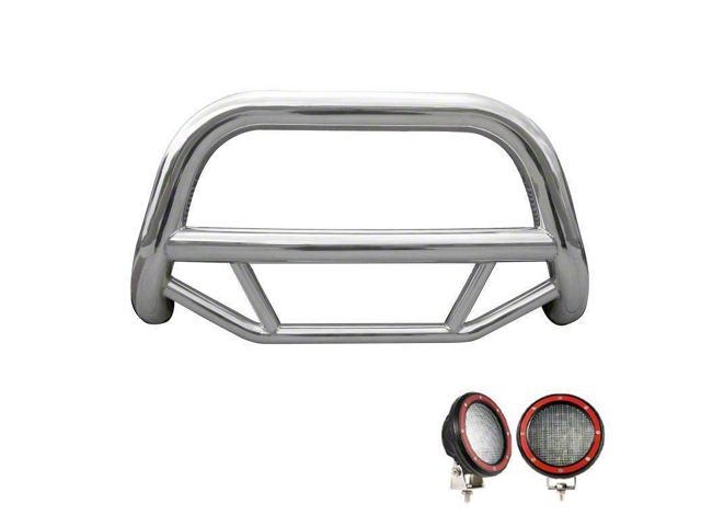 Max Bull Bar with 5.30-Inch Red Round Flood LED Lights; Stainless Steel (04-24 F-150, Excluding Powerstroke & Raptor)