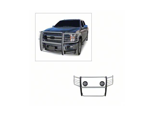 Modular Grille Guard with 5.30-Inch Black Round Flood LED Lights; Stainless Steel (15-23 F-150, Excluding PowerStroke & Raptor)